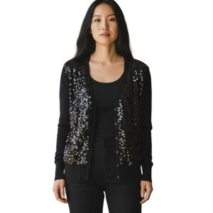 Joseph A Black Sequin Front Cardigan Sweater Women's Size M